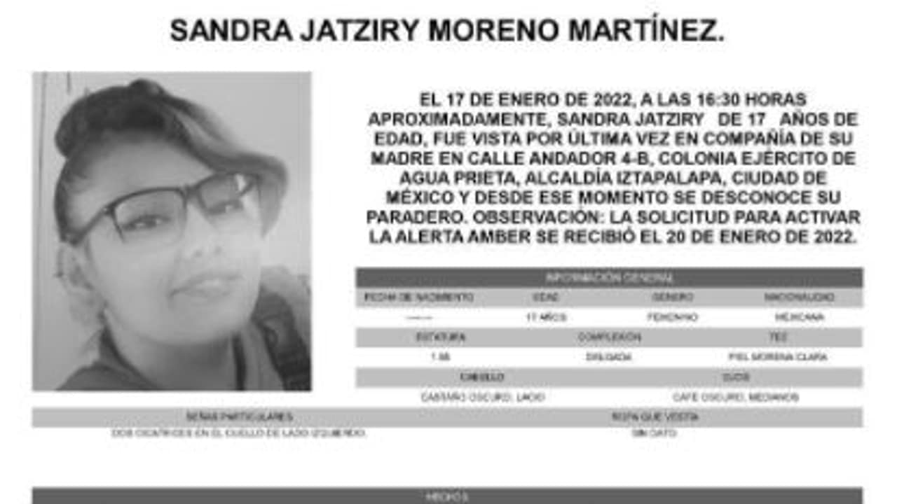 Activan Alerta Amber para localizar a Sandra Jatziry Moreno Martínez.