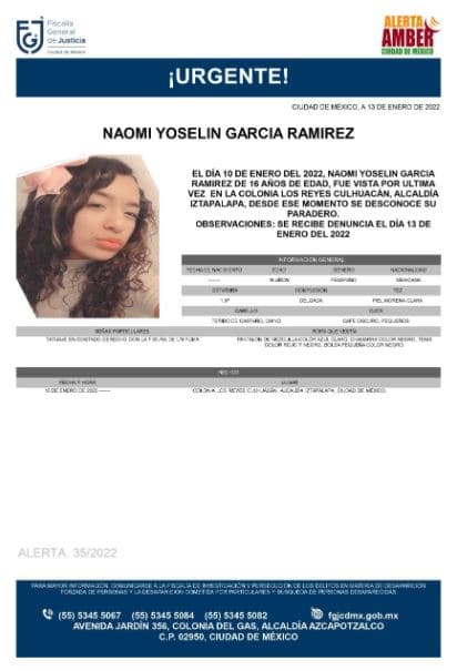 Activan Alerta Amber para localizar a Naomi Yoselin García Ramírez