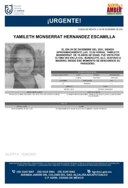 Activan Alerta Amber para localizar a Yamileth Monserrat Hernández Escamilla