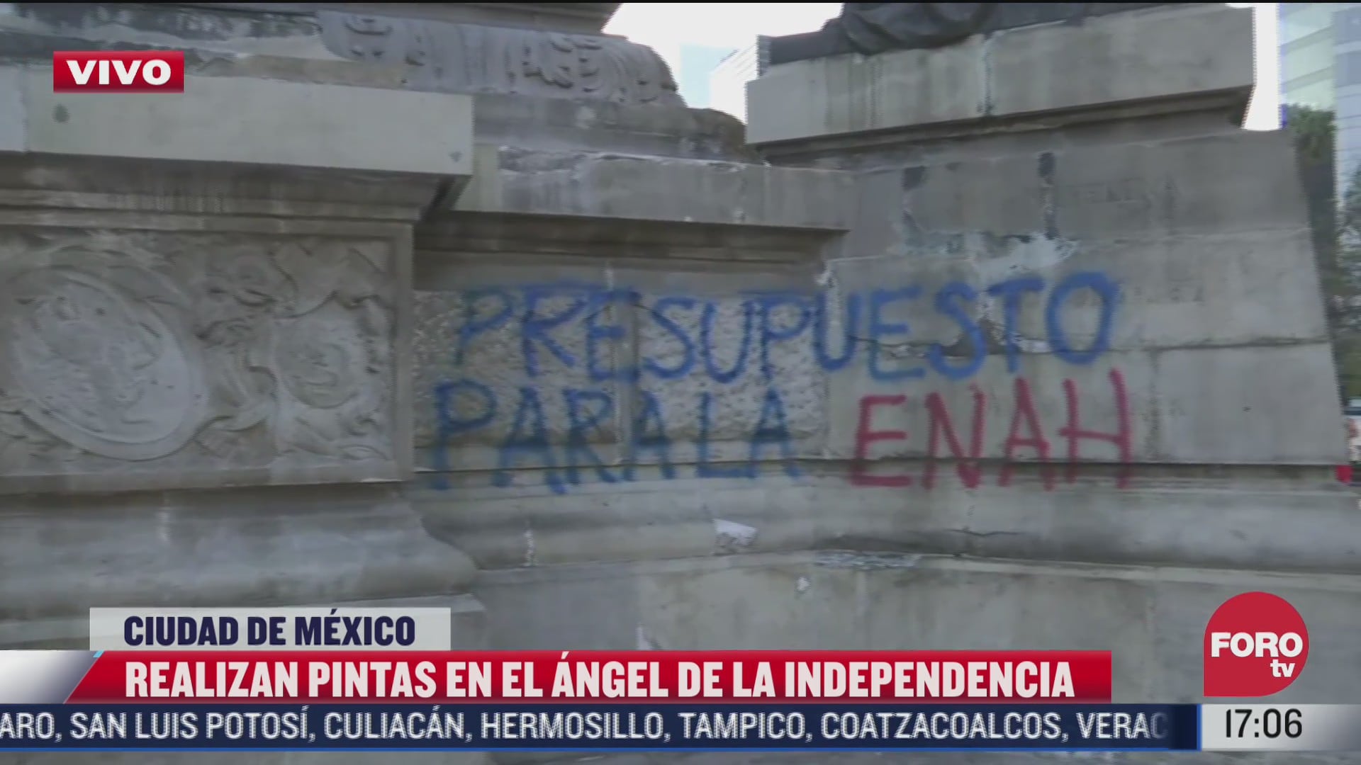 estudiantes del enah vandalizan con pintas el angel de la independencia