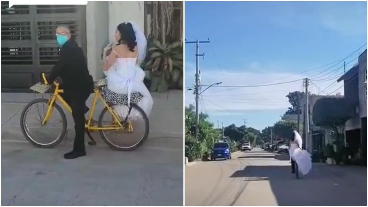 TikTok, novia, boda, bicicleta, padre, captura de pantalla