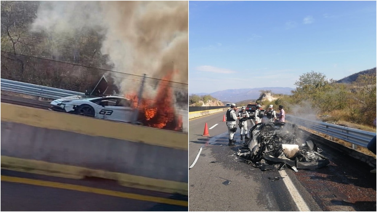 Lamborghini en carretera de Guerrero incendiándose