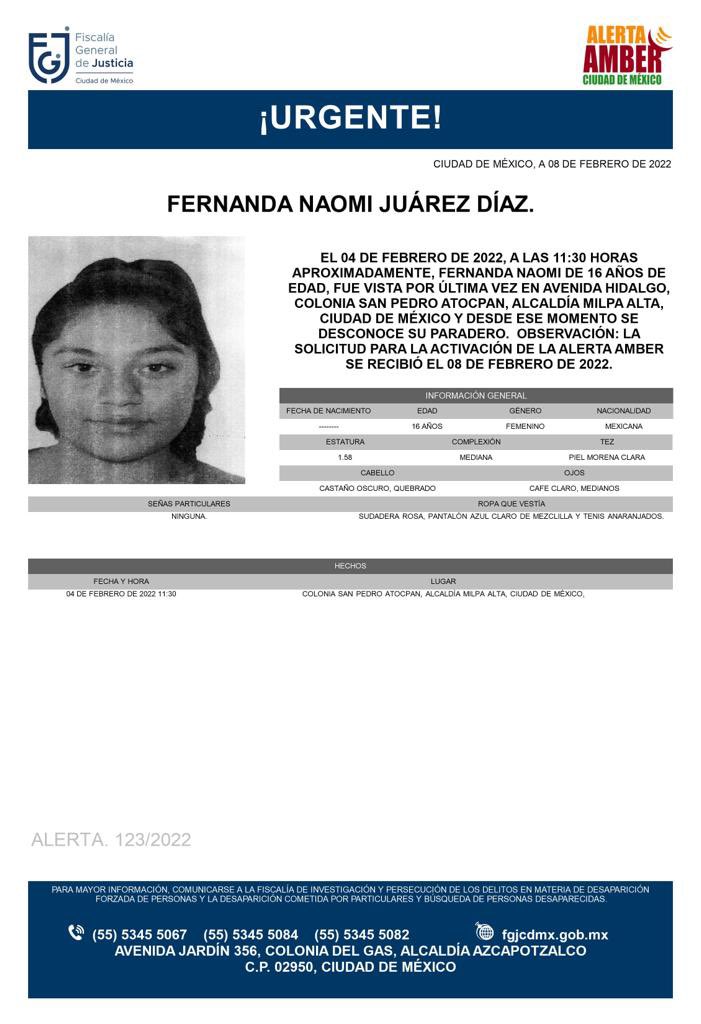 Activan Alerta Amber Fernanda Naomi Juárez Díaz
