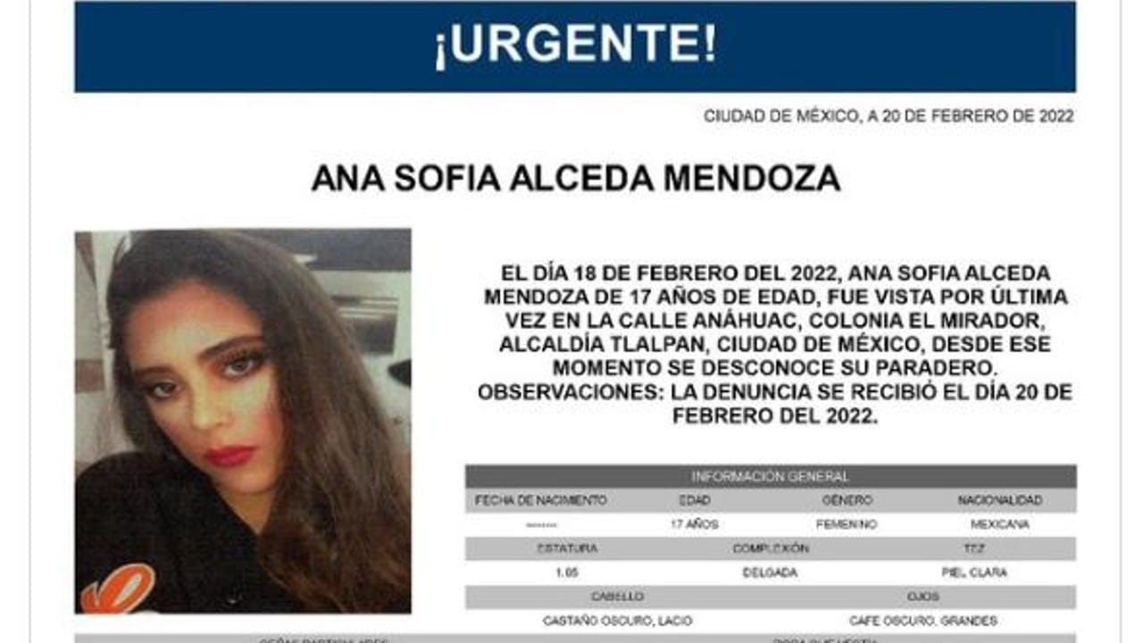 Activan Alerta Amber para localizar a Ana Sofía Alceda Mendoza,