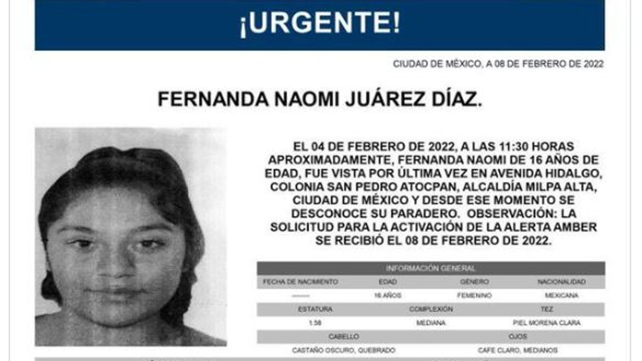 Activan Alerta Amber para localizar a Fernanda Naomi Juárez Díaz.