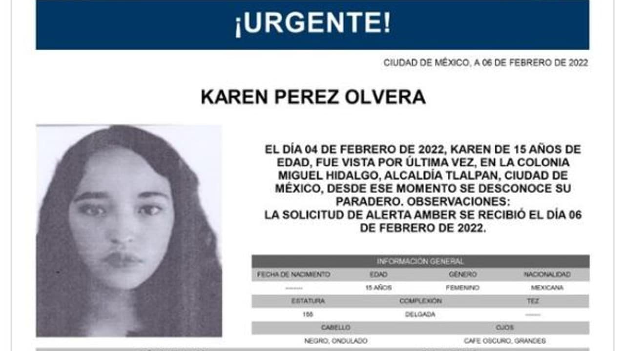 Activan Alerta Amber para localizar a Karen Pérez Olvera