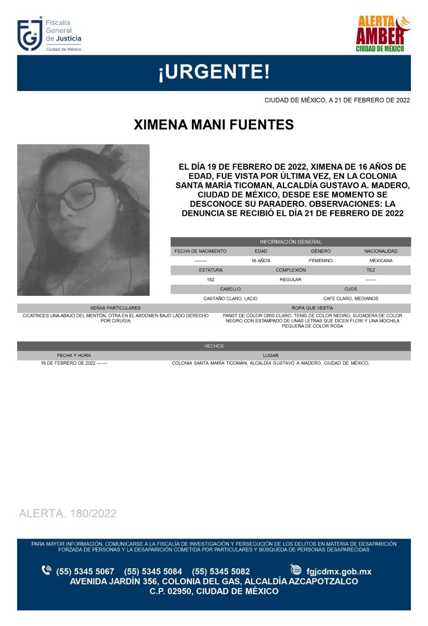 Activan Alerta Amber para localizar a Ximena Mani Fuentes