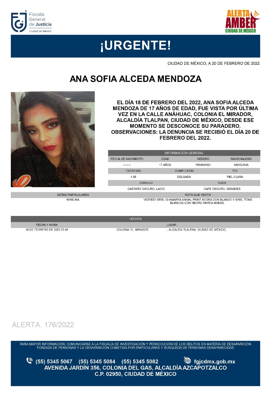Activan Alerta Amber para localizar a Ana Sofía Alceda Mendoza