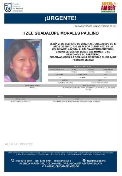 Activan Alerta Amber para localizar a Itzel Guadalupe Morales Paulino