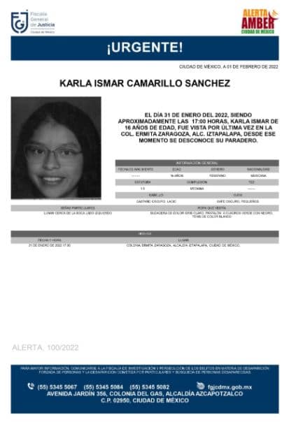 Activan Alerta Amber para localizar a Karla Ismar Camarillo Sánchez