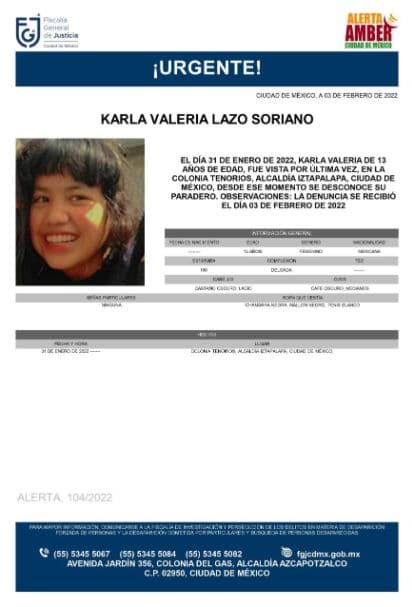 Activan Alerta Amber para localizar a Karla Valeria Lazo Soriano