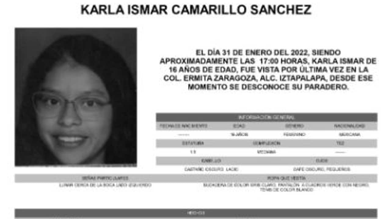 Activan Alerta Amber para localizar a Karla Ismar Camarillo Sánchez.