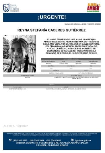 Activan Alerta Amber para localizar a Reyna Stefanía Caceres Gutiérrez