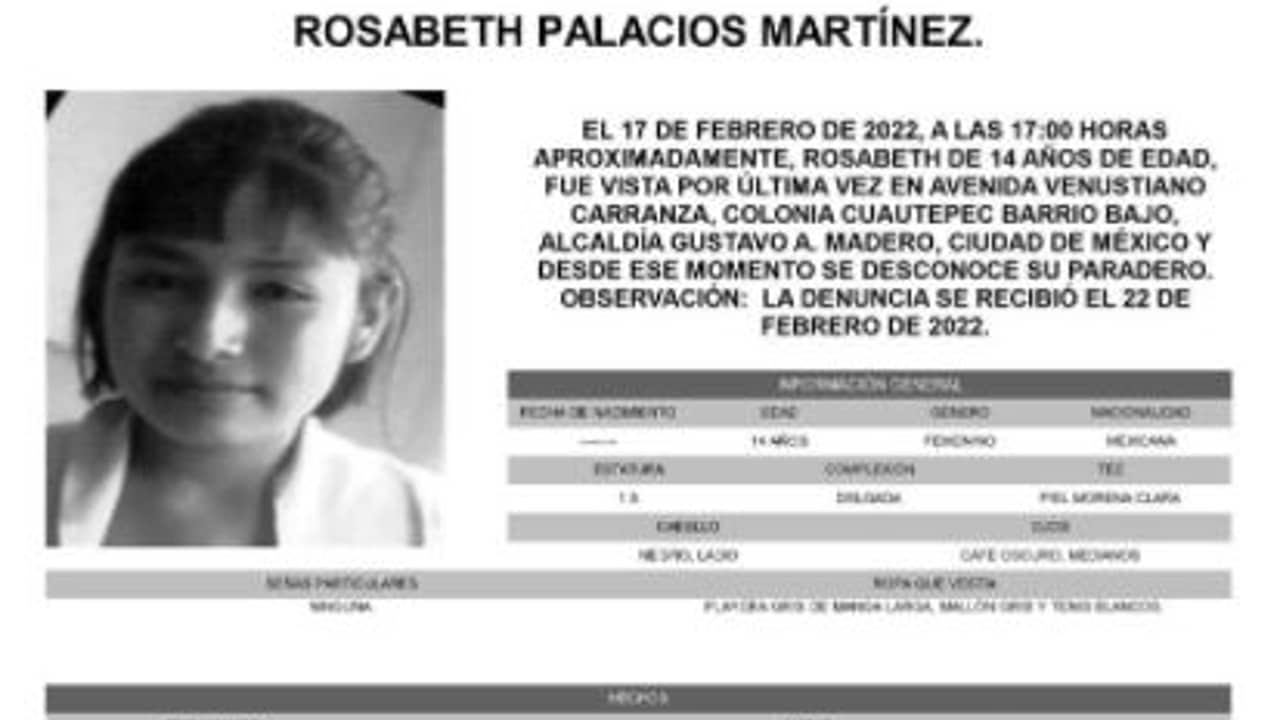 Activan Alerta Amber para localizar a Rosabeth Palacios Martínez