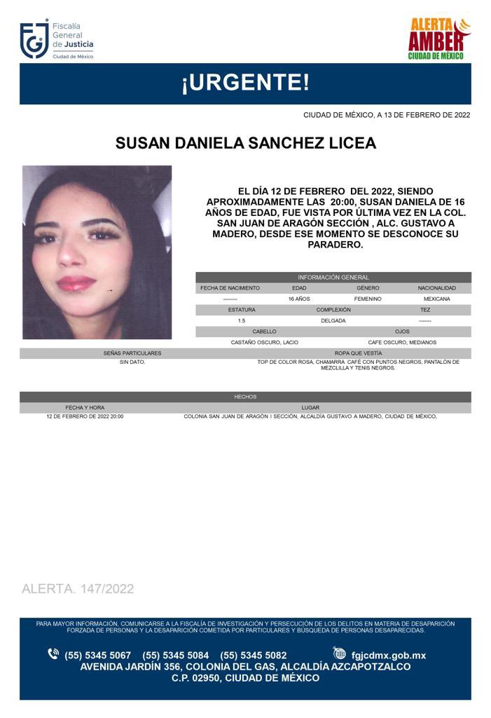 Activan Alerta Amber para localizar a Susan Daniela Sánchez Licea