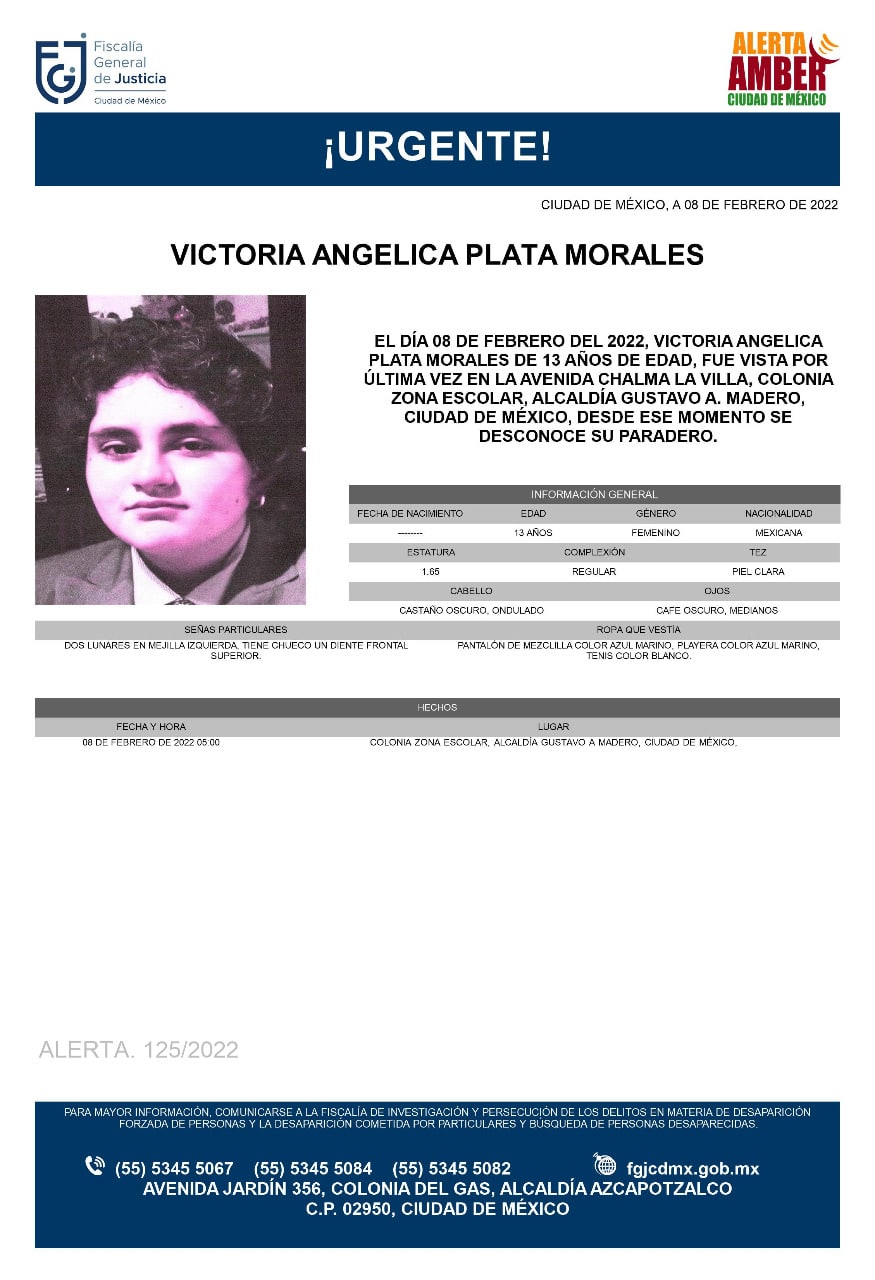 Activan Alerta Amber para localizar a Victoria Angélica Plata Morales