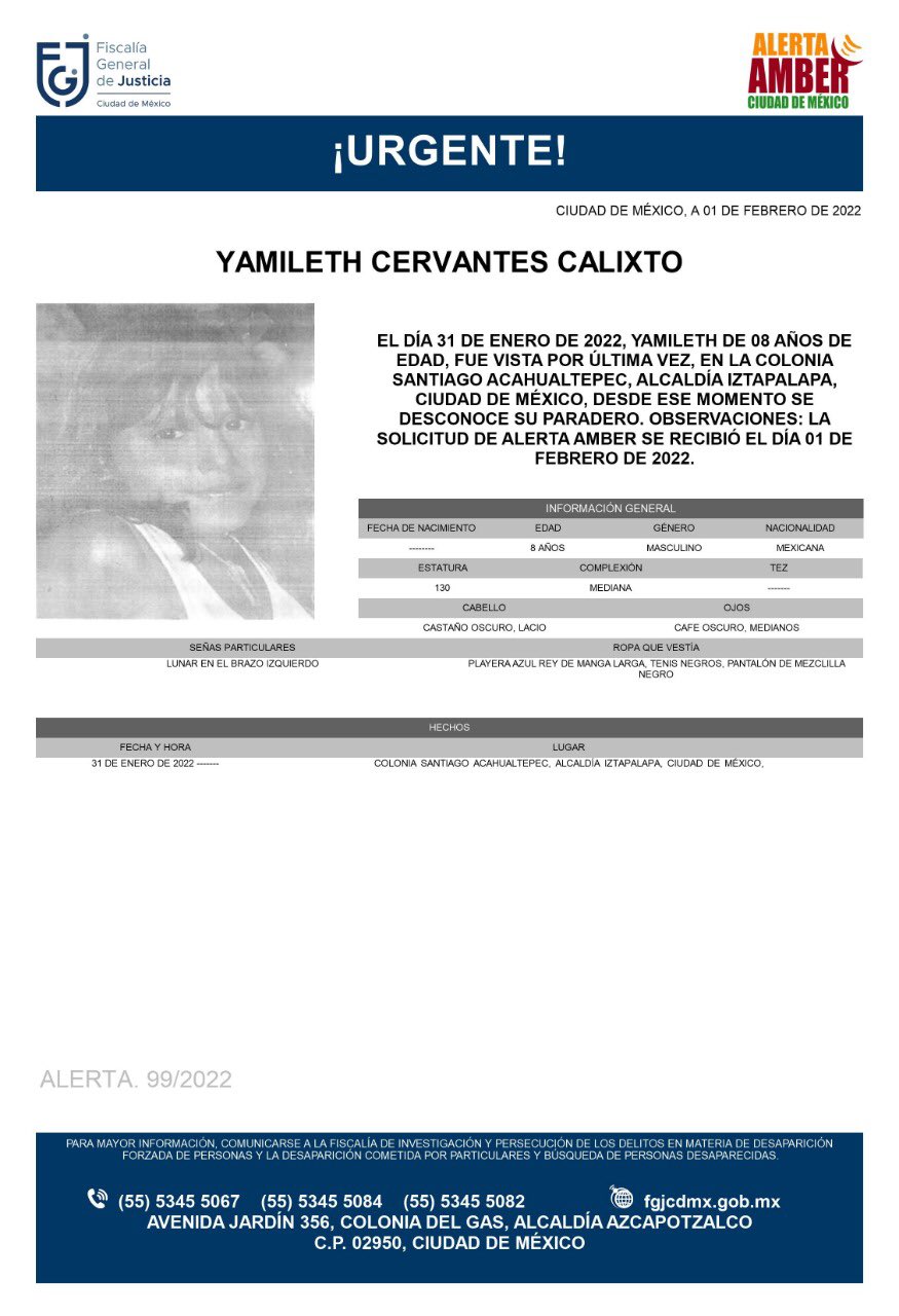 Activan Alerta Amber para localizar a Yamileth Cervantes Calixto