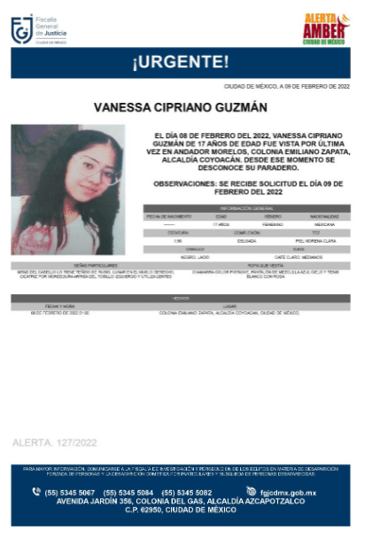 Activan Alerta Amber para localizar a Vanessa Cipriano Guzmán