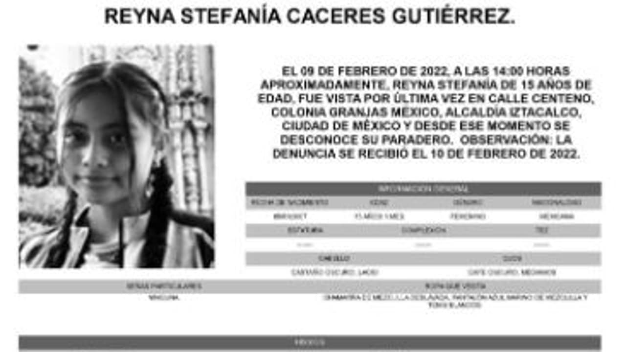Activan Alerta Amber para localizar a Reyna Stefanía Caceres Gutiérrez.