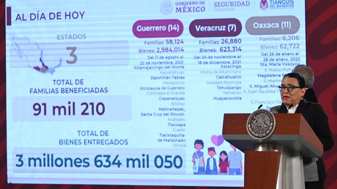 Rosa Icela Rodríguez, titular de la Secretaría de Seguridad, muestra una gráfica sobre el Tíanguis del Bienestar.