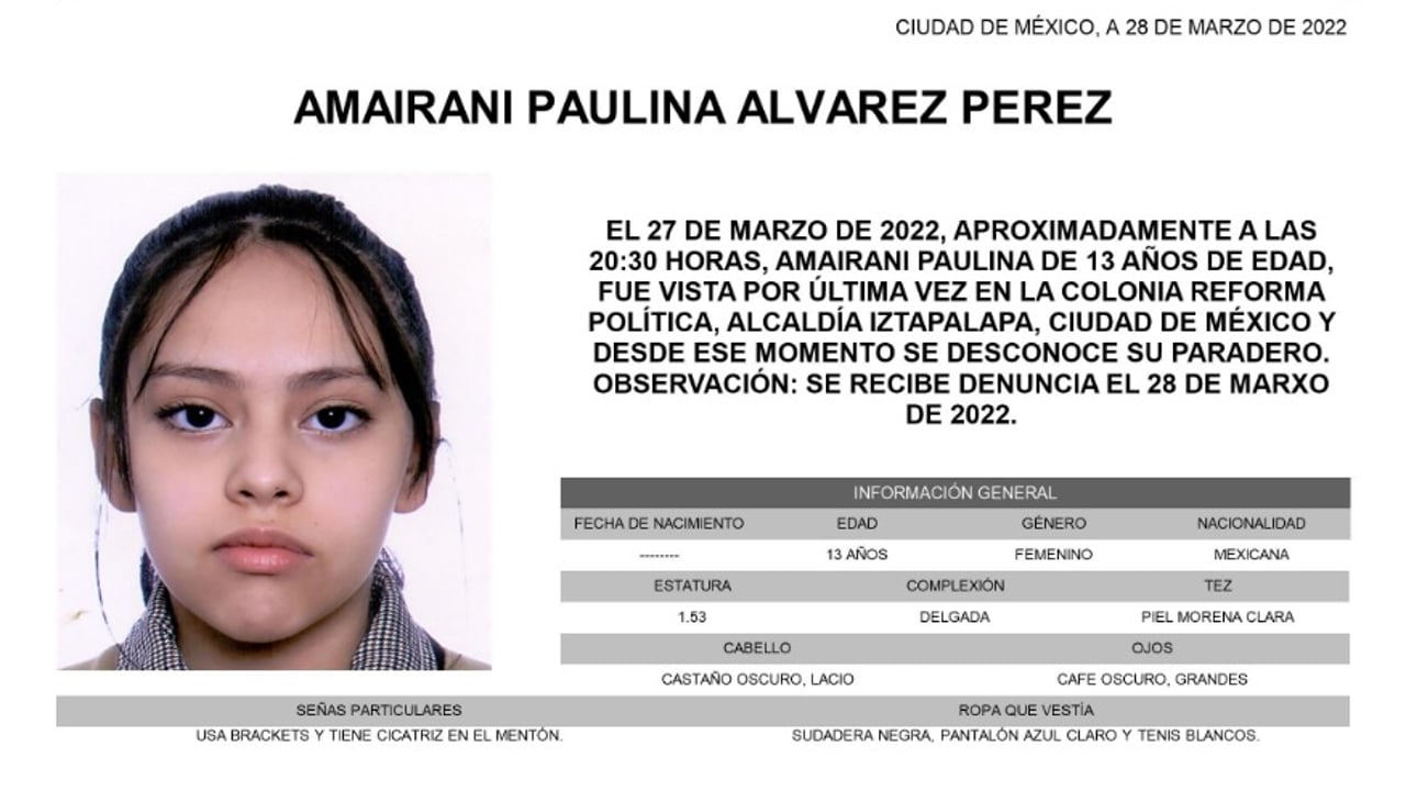 Activan Alerta Amber para localizar a Amairani Paulina Álvarez Pérez de 13 años