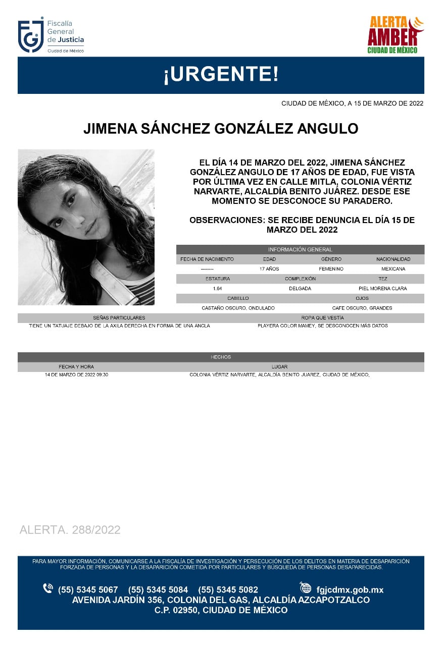 Activan Alerta Amber para localizar a Jimena Sánchez González Angulo