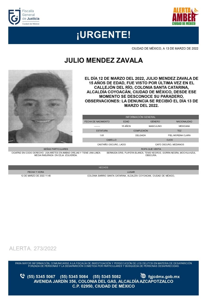 Activan Alerta Amber para localizar a Julio Méndez Zavala