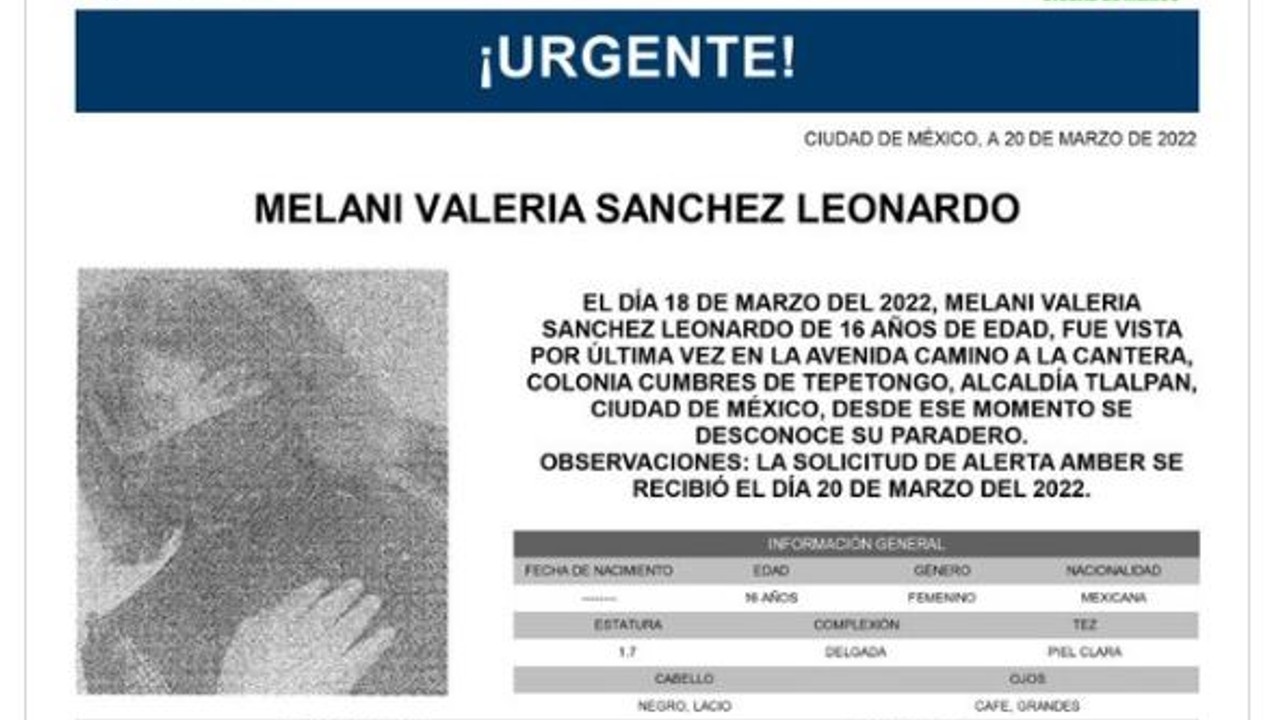 Activan Alerta Amber para localizar a Melani Valeria Sánchez Leonardo
