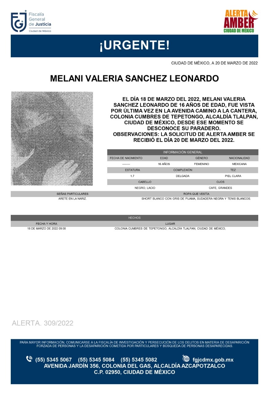 Activan Alerta Amber para Melani Valeria Sánchez Leonardo