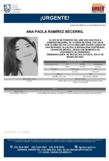 Activan Alerta Amber para localizar a Ana Paola Ramírez Becerril