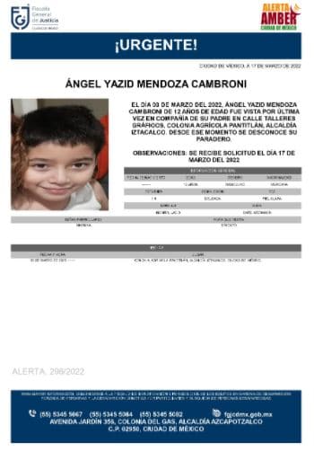 Activan Alerta Amber para localizar a Ángel Yazid Mendoza Cambroni