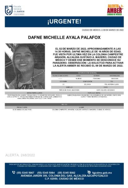 Activan Alerta Amber para localizar a Dafne Michelle Ayala Palafox