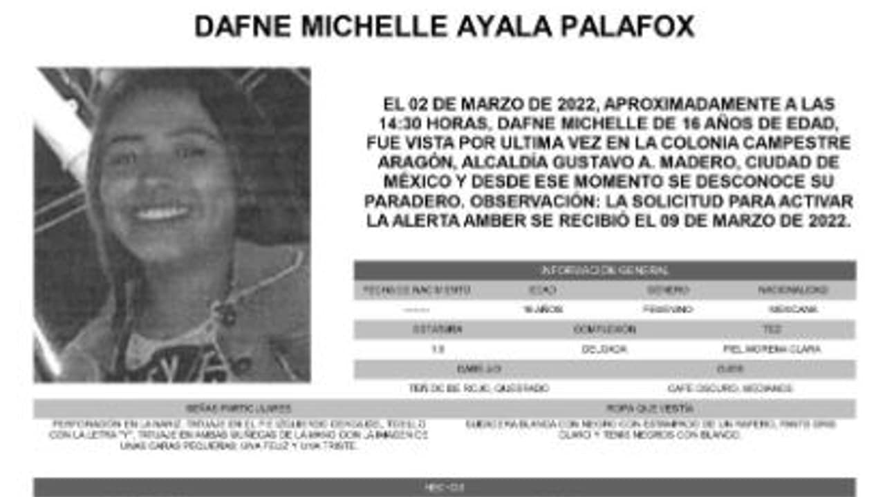 Activan Alerta Amber para localizar a Dafne Michelle Ayala Palafox