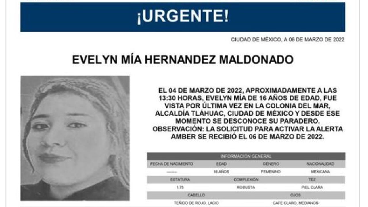 Activan Alerta Amber para localizar a Evelyn Mía Hernández Maldonado