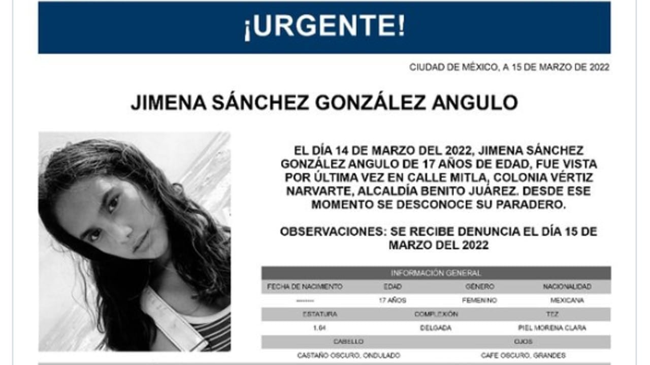 Activan Alerta Amber para localizar a Jimena Sánchez González Angulo