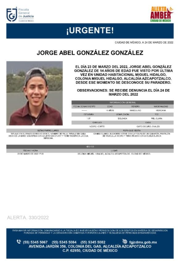 Activan Alerta Amber para localizar a Jorge Abel González González