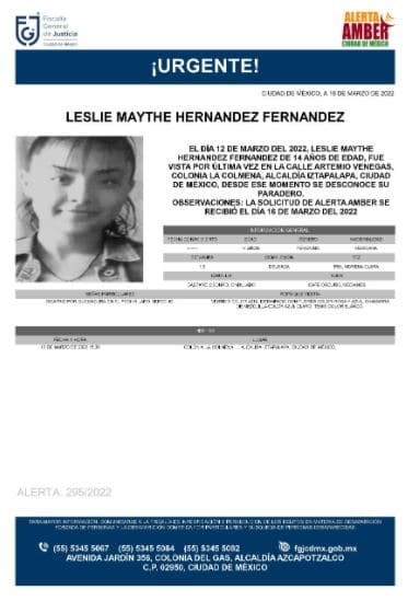 Activan Alerta Amber para localizar a Leslie Maythe Hernández Fernández