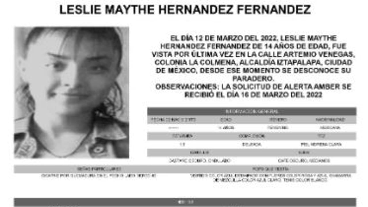 Activan Alerta Amber para localizar a Leslie Maythe Hernández Fernández