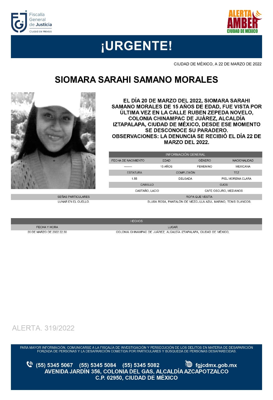 Activan Alerta Amber para localizar a Siomara Sarahí Samano Morales