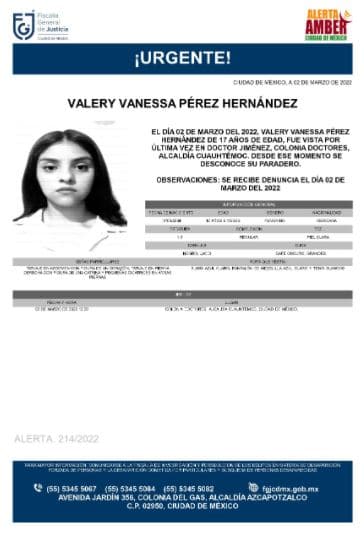 Activan Alerta Amber para localizar a Valery Vanessa Pérez Hernández