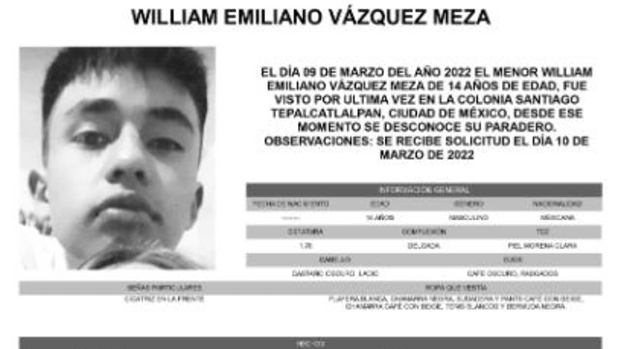 Activan Alerta Amber para localizar a William Emiliano Vázquez Meza