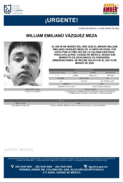 Activan Alerta Amber para localizar a William Emiliano Vázquez Meza