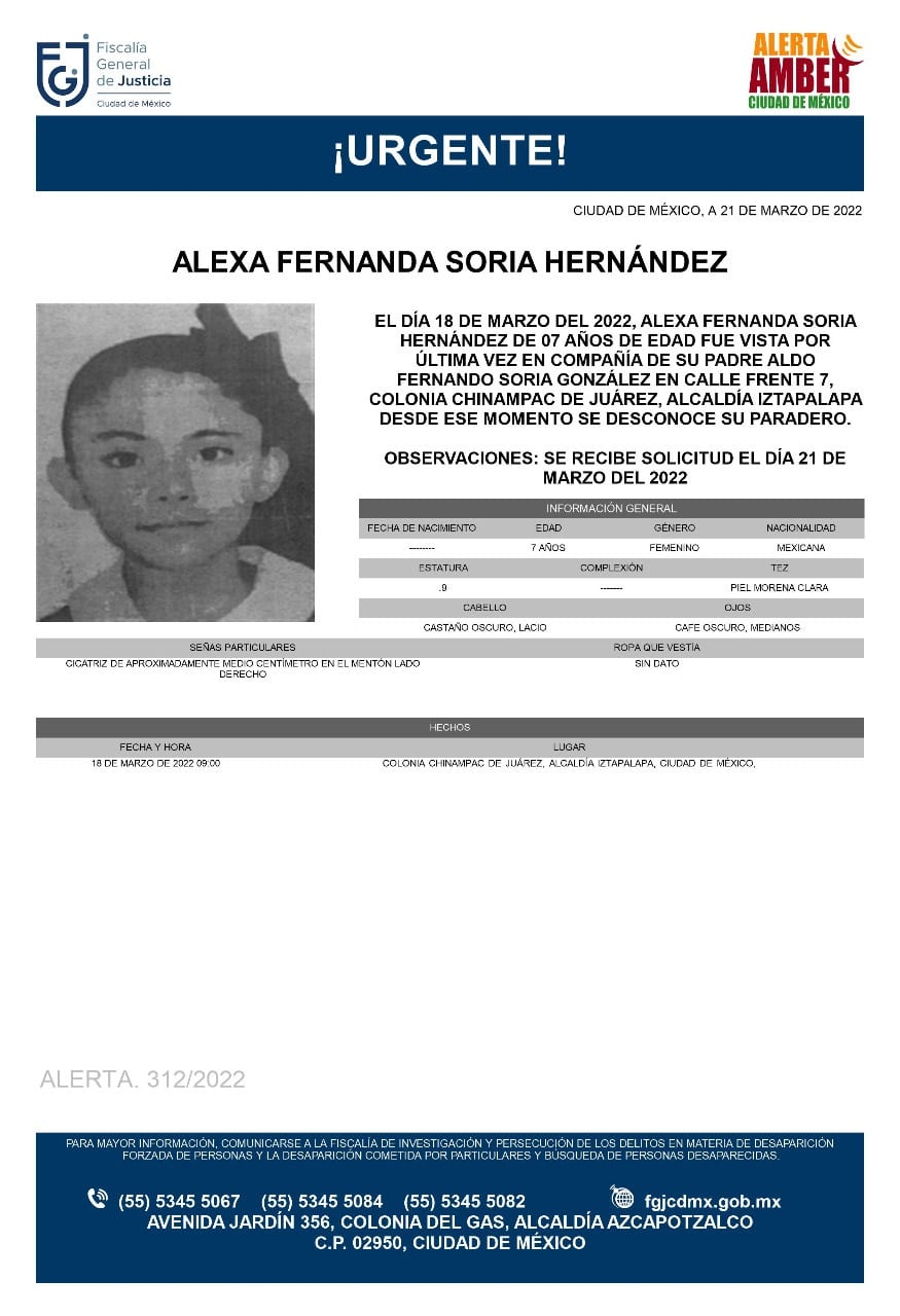 Activan Alerta Amber para localizar a Alexa Fernanda Soria Hernández