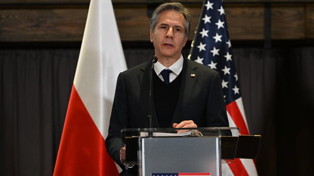El secretario de Estado de EEUU, Antony Blinken, durante una conferencia de prensa en Rzeszow, Polonia