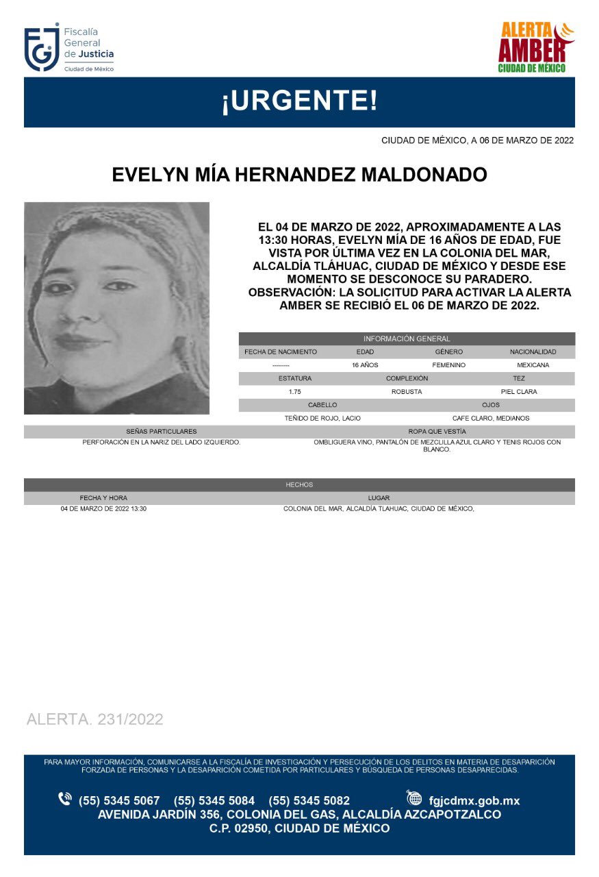 Activan Alerta Amber para Evelyn Mía Hernández Maldonado