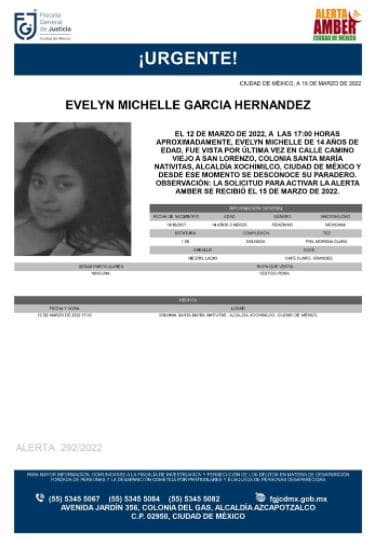 Activan Alerta Amber para localizar a Evelyn Michelle García Hernández.