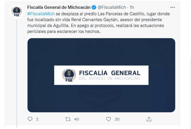Tuit de la Fiscalía de Michoacán que informa la muerte de René Cervantes. 