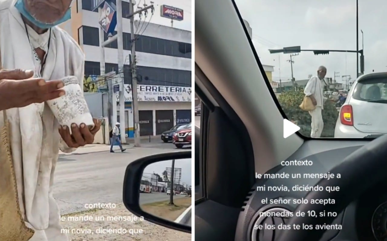 Adulto mayor lanza monedas a conductor en Tampico.