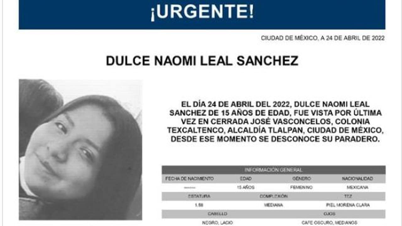 Activan Alerta Amber para localizar a Dulce Naomi Leal Sánchez