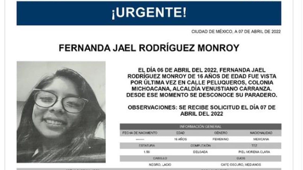Activan Alerta Amber para localizar a Fernanda Jael Rodríguez Monroy